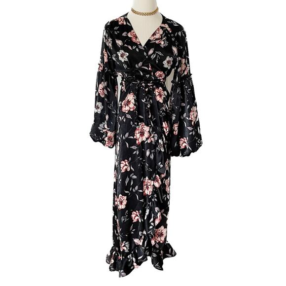 MISA Los Angeles Luna Black Floral Satin Balloon Sleeve Wrap Dress size S small - Picture 3 of 10
